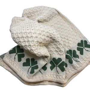 NWT Blarney Woollen Mills Blanket Beige Merino Wool Shamrock Clover Ireland